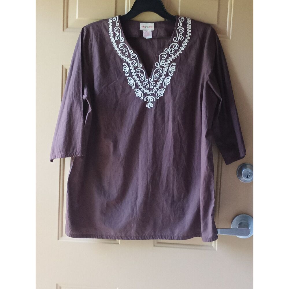 Toffee Apple Brown Embroidered Split V-Neck Cotton Tunic Top XL